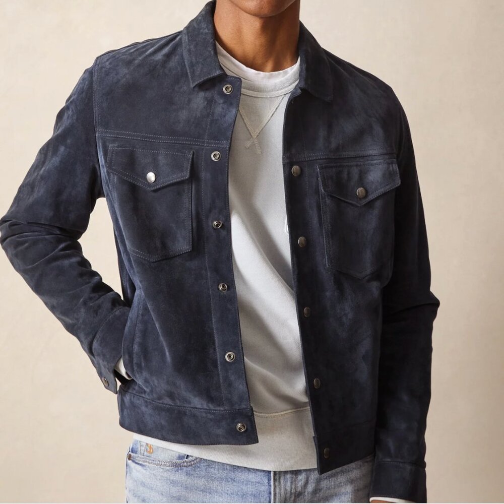 Todd Snyder Italian Suede Snap Dylan Jacket in Navy, Medium